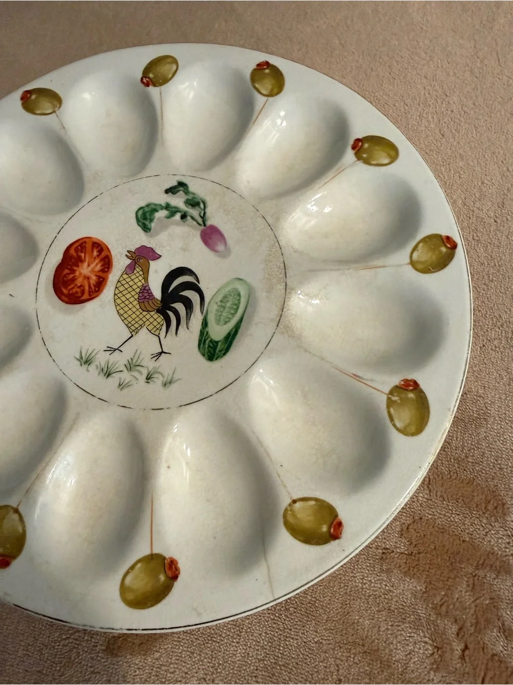 Vintage Rooster Deviled Egg Platter with Olive Motif